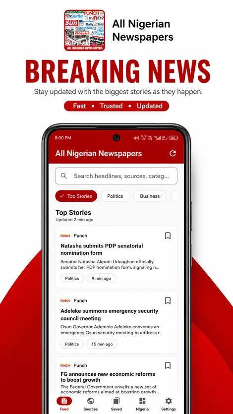 All Nigerian Newspapers app showing multiple news sources